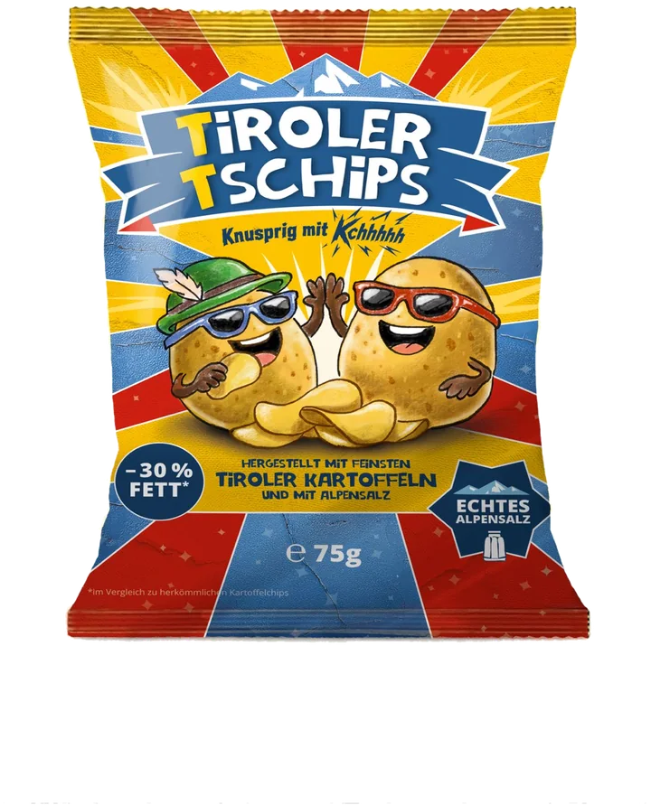 Tiroler Tschips Packung – Tiroler Kartoffeln mit Alpensalz, 75 Gramm. Klicken für den Crunch!